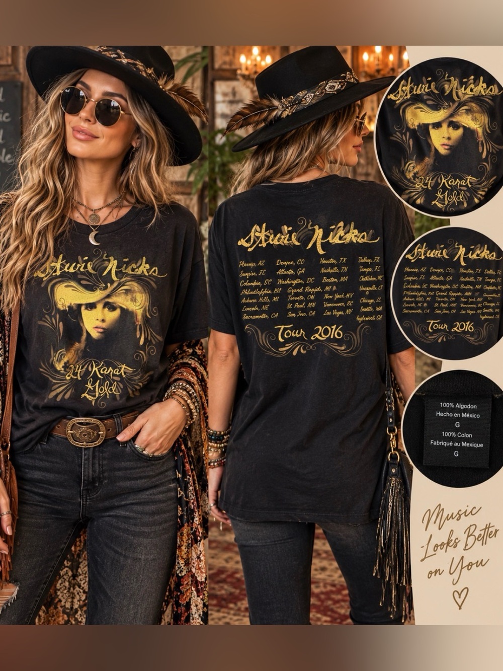 Stevie Nicks 24 Karat Gold Tour 2016 Black Graphic Concert Tee Size L